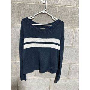 Hollister Pullover Sweater with White Stripes Women Knit Jumper Blue Medium